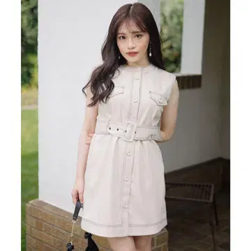 립서비스 바이컬러 스티치 민소매 원피스 아이보리