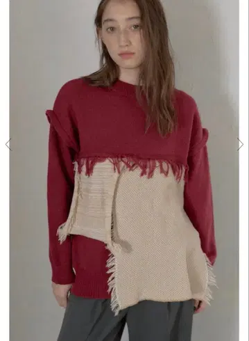 [ 새상품 ] 봉쥬르 사간 블록 프린지 니트 풀오버 다크 레드