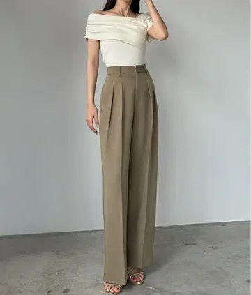 Louere 다크 베이지 와이드 팬츠 하이웨스트 투 턱 슬랙스