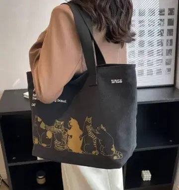 토트백 고양이 패턴 블랙 토트 숄더 캔버스 에코백