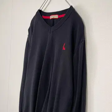 구제 니트 스웨터 자수 원포인트 블랙 V넥