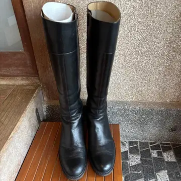 블랙 가죽 롱 부츠 사이드 지퍼