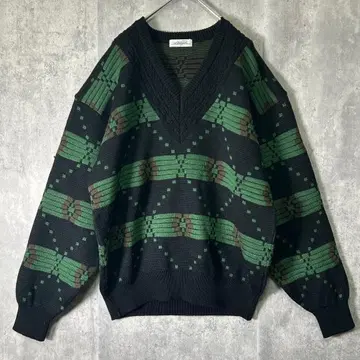 일본제 빈티지 니트 블랙 그린 V넥 울 스웨터