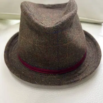 울 체크 무늬 햇 버건디 리본