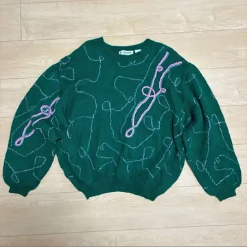 레트로 총 패턴 니트 스웨터 그린 핑크 구제 의류 빈티지 울