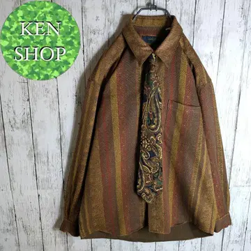 넥타이 셔츠 브라운 스트라이프 린넨 보태니컬 무늬 빈티지 구제 의류