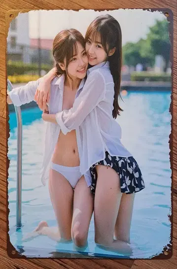 [ 풀 사이드에서 즐거워하는 여자아이 ] A4 사이즈 빈티지풍 양철 간판