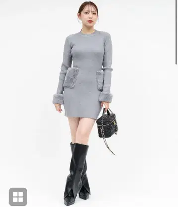 ROYAL PARTY 퍼 포켓 하이넥 니트 타이트 미니 원피스