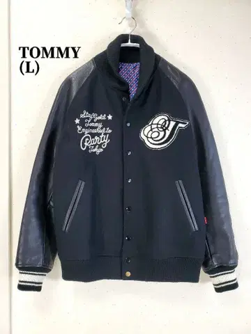 TOMMY 타미힐피거 소가죽 가죽 소매 가죽 바시티 자켓/남성용 L/블랙