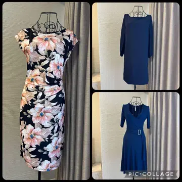 아름다운 실루엣 무릎 기장 원피스 3세트 (네이비 2점, 꽃무늬 1점)