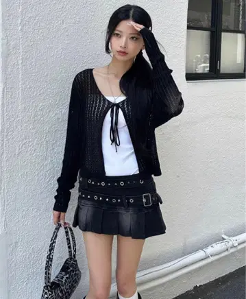 TRIFLE 더블 벨트 플리츠 데님 미니 스커트