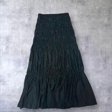 로리즈팜 셔링 플레어 스커트 롱 나일론 원단 블랙