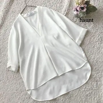 하운트 haunt 화이트 V넥 5부 소매 셔츠 38 일본제 오피스