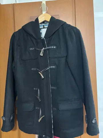 블랙 후드 부착 더플 코트