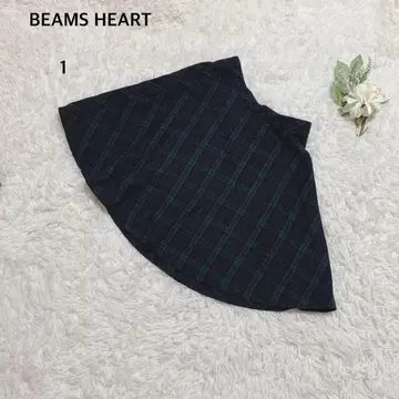 빔즈 플레어 스커트 무릎 기장 울 혼방 체크 무늬 심플 그린 네이비