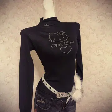 헤이세이 갸루 00s 헬로키티 터틀넥 긴팔 상의 블랙 Y2K
