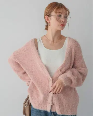 BAYFLOW 금기 신상 오버 사이즈 샤기 가디건 핑크