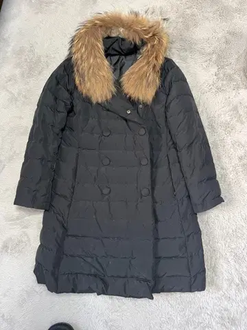 퍼 달린 더블 브레스트 다운 코트 블랙 M 사이즈