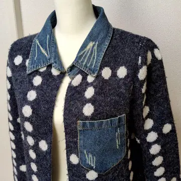 도트 무늬 니트 롱 코트 데님 카라 부착