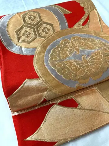 고급 순수 실크 후쿠로 오비 화려한 금실 은실 쇼와 앤티크 후리소데 포멀