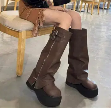 브라운 롱 부츠 플랫폼 밑창