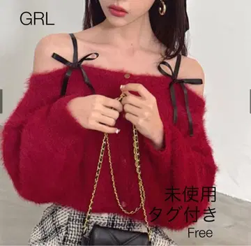 [새상품] GRL 그레일 오프숄더 리본 니트탑 빨간색 샤기