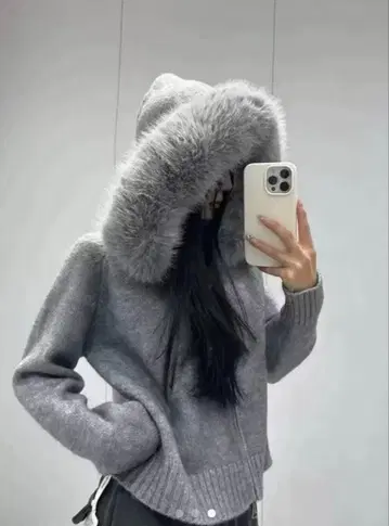 [ 새상품 미사용 ] 퍼 후드 앞 더블 ZIP 니트 후드티 귀여운 그레이