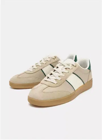 미사용 새상품 ZARA 베이지 스웨이드 스니커즈 그린 스트라이프