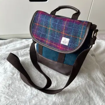 해리스 트위드 울 숄더백 네이비 그린 체크 무늬