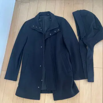 캘빈클라인 블랙 후드 부착 울 코트