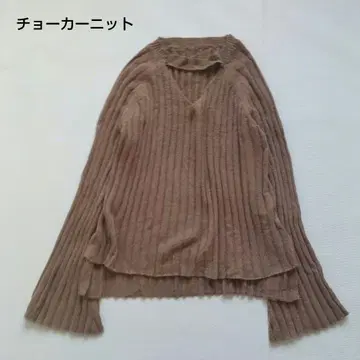 브라운 초커 니트 플레어 슬리브 얇은 소재 V넥