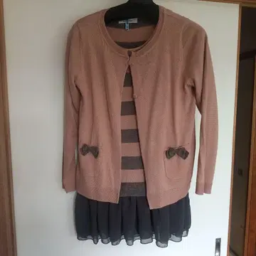 스모크 핑크 리본 포함 가디건 긴팔 튜닉