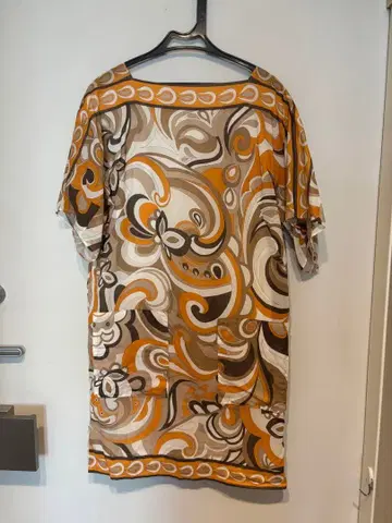 사이키풍 오렌지 브라운 추상 무늬 반팔 원피스 튜닉 포켓 2개