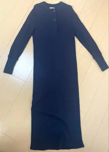 MEYAME 와플 티셔츠 긴팔 원피스 네이비 프리 사이즈