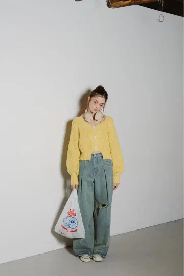 PINUE 프린지 니트 가디건 LIME 숏 기장 새상품급