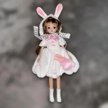 리카짱 인형 토끼 귀 모자 드레스 백 복슬복슬 화이트 핑크 리본