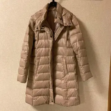 베이지 롱 다운 자켓 후드 부착 슈라루