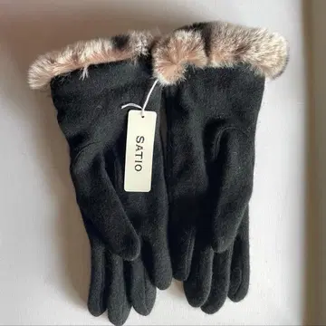 SAITO 여성용 퍼 장갑 블랙 캐시미어 울 나일론 미사용품