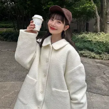 hinari 스탠 칼라 샤기 미들 코트 화이트 택 포함 미개봉 새상품