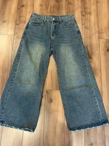 와이드 레그 데님 팬츠 블루 프린지 밑단