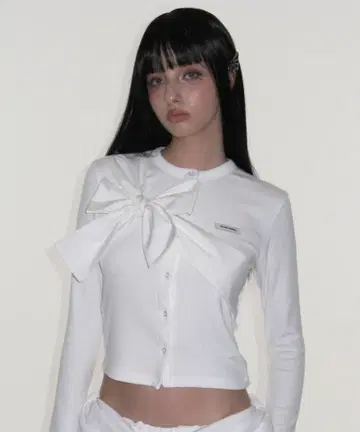 크랭크 리본 타이 니트 가디건 화이트