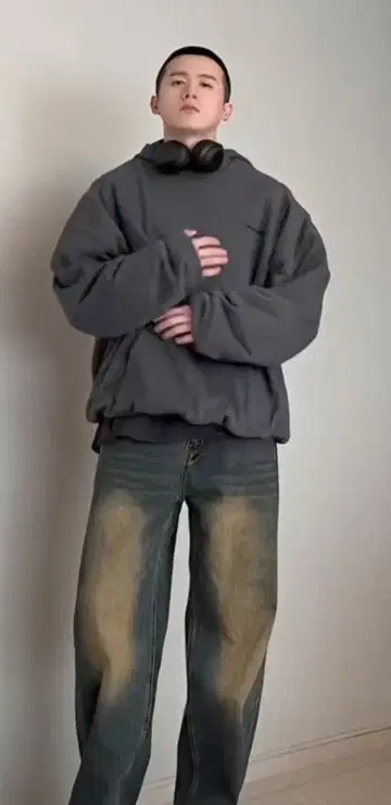 다크 블루 와이드 레그 데님 팬츠