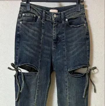 리젝시 컷 아웃 리본 데님 팬츠 블루