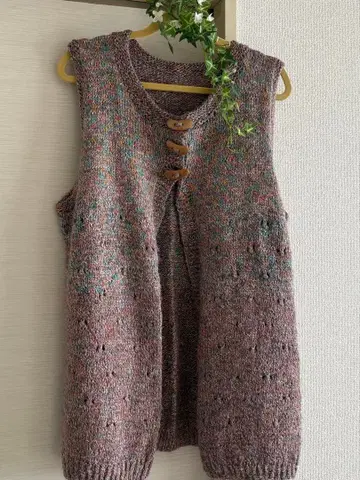 손뜨개질 롱 베스트 스모키 컬러 믹스얀 나무 무늬 버튼