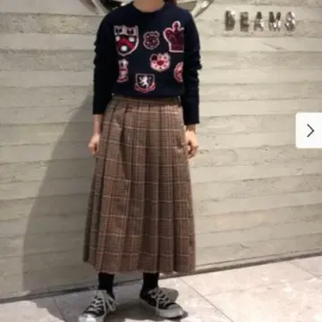 BEAMS BOY / 건클럽 플리츠 스커트 핑크 체크 무늬