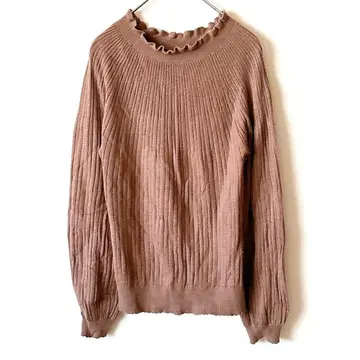 페루 니트 브라운 긴팔 리브 니트 프릴 옷깃 상의 메로 가공 M