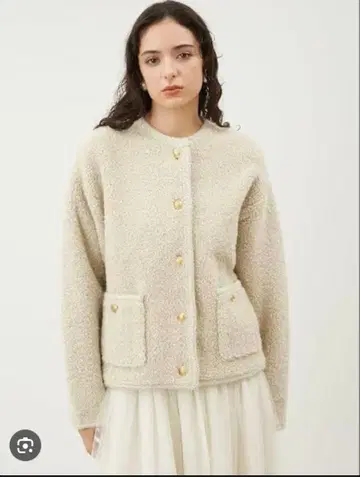 미라 오웬 금장 버튼 노카라 컴팩트 라메 니트 자켓