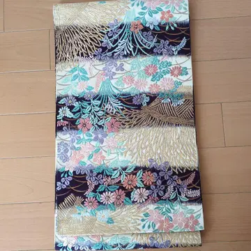 후쿠로 오비 꽃무늬 보라색 핑크 그린