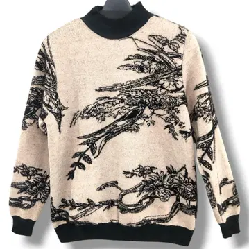 니트 스웨터 풀오버 리프 무늬 수묵화 샤기 하이넥 베이지