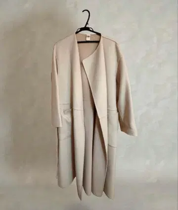 ROPE 베이지 롱 코트 허리 벨트 포함 울 98% 리버서블